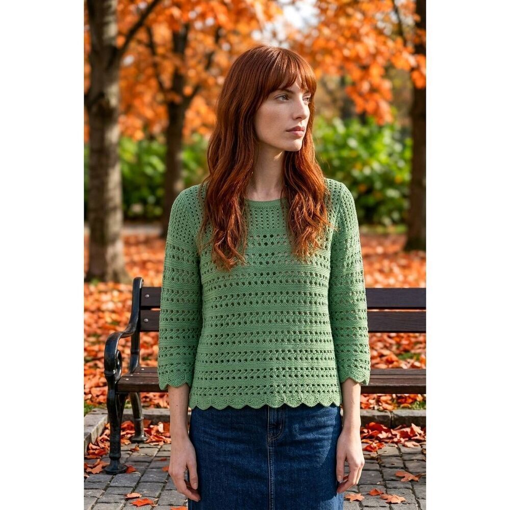 🇬🇪🔹️August Silk Lime Open Knit Oversized 3/4 Sleeve Sweater Large